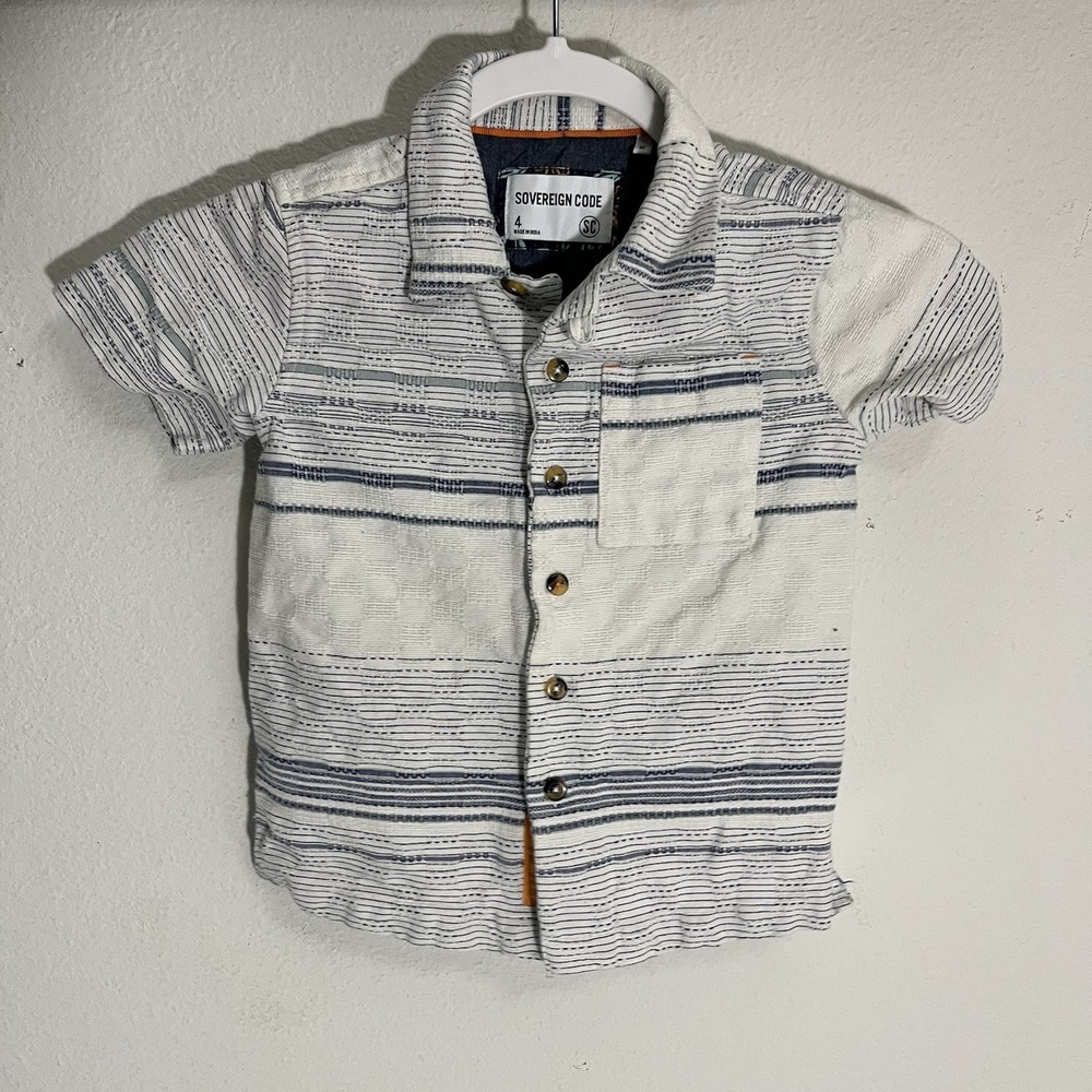Sovereign Code Shirt Boys 4T Button Up Linen Short Sleeve Blue White Striped